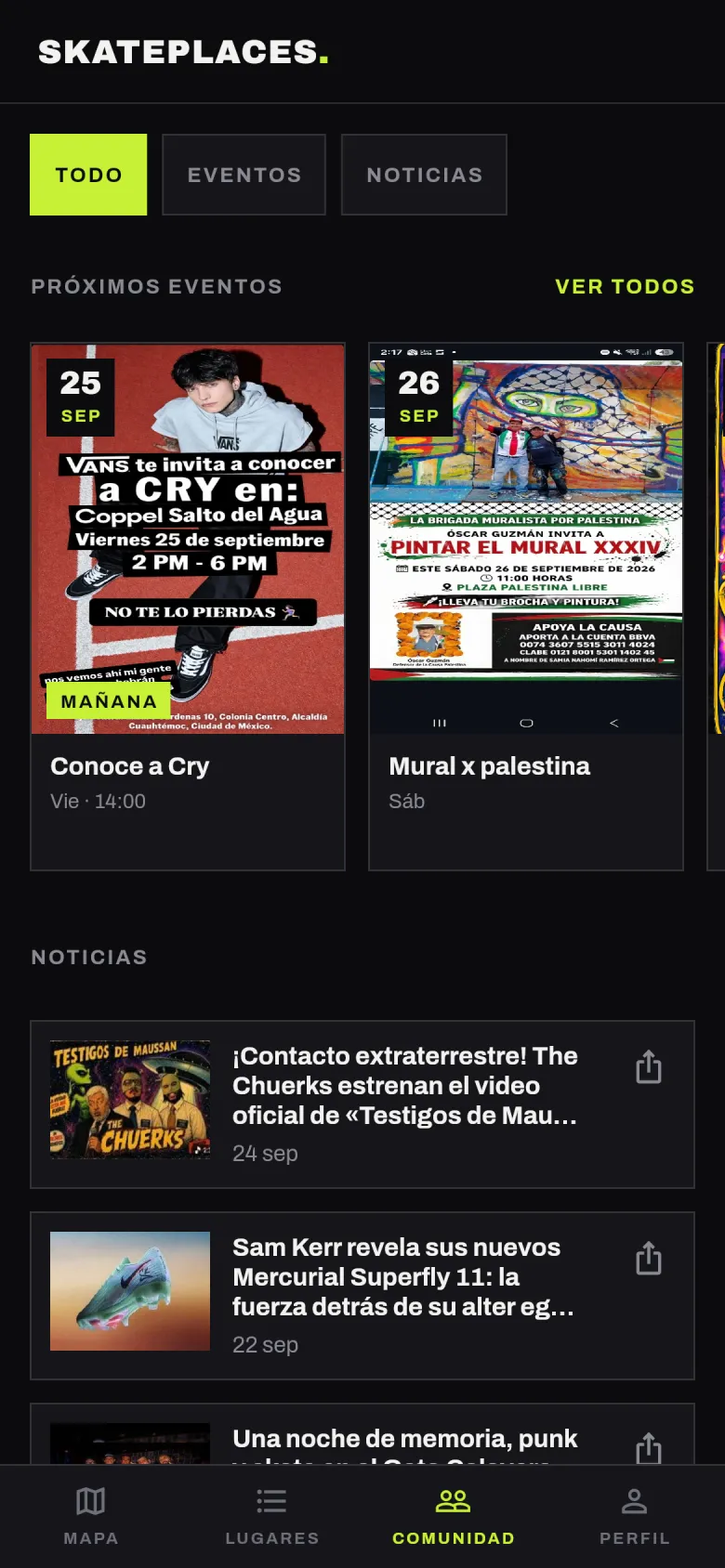 Pantalla Comunidad de la app: próximos eventos con su flyer y fecha