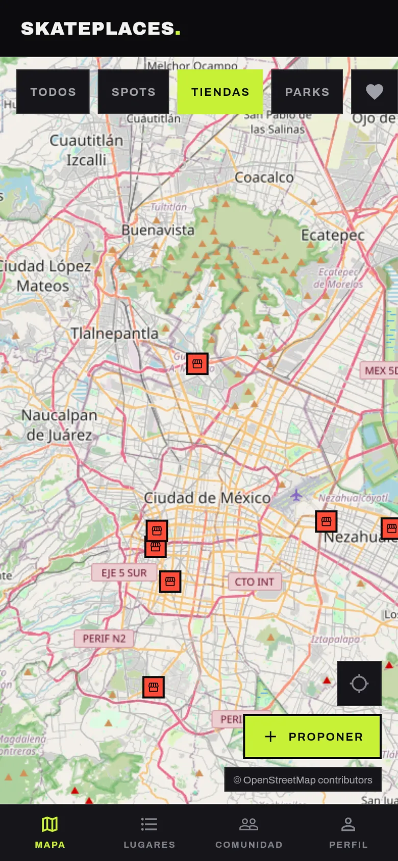 Mapa de la Ciudad de México con el filtro TIENDAS activo: las tiendas de skate marcadas en rojo