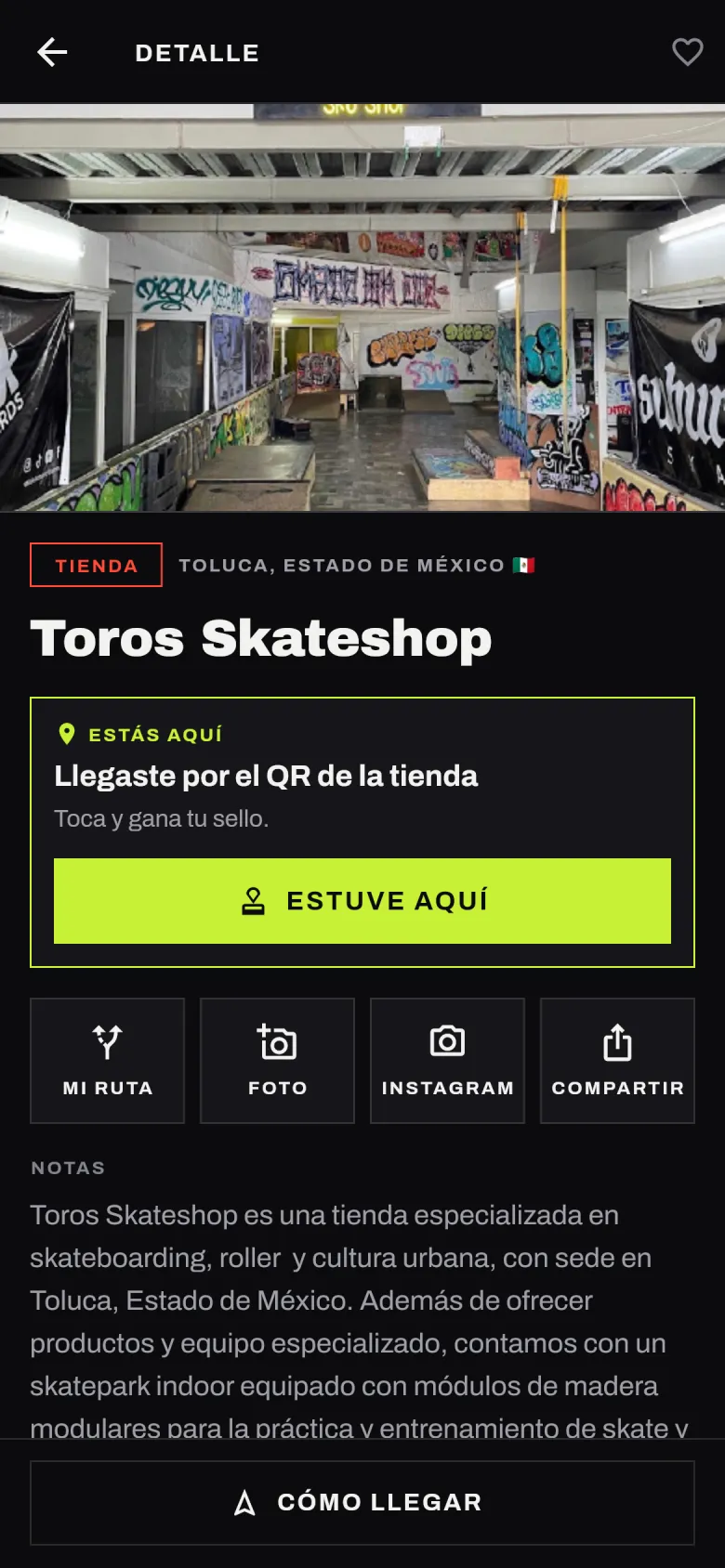 Ficha de Toros Skateshop abierta desde su QR: ESTÁS AQUÍ, Llegaste por el QR de la tienda, Toca y gana tu sello, y el botón ESTUVE AQUÍ