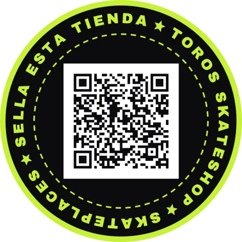 Sticker sello redondo, negro con borde lima: SELLA ESTA TIENDA, TOROS SKATESHOP, SKATEPLACES alrededor del QR