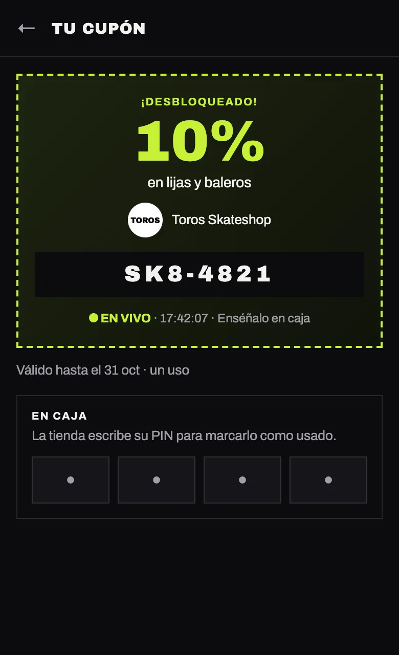 Cupón desbloqueado: 10% en lijas y baleros en Toros Skateshop, con código, reloj EN VIVO y el PIN de la tienda para marcarlo como usado