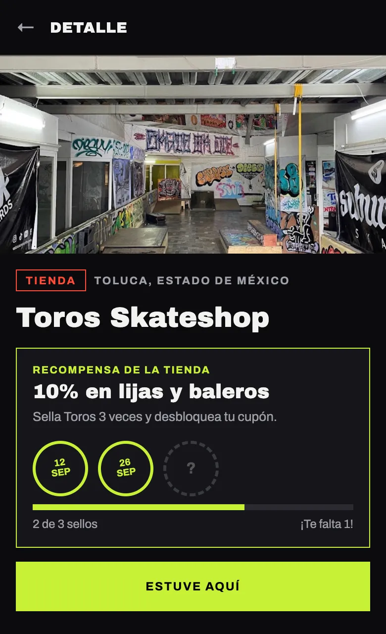Ficha de Toros Skateshop en la app con su recompensa: 10% en lijas y baleros, 2 de 3 sellos, te falta 1