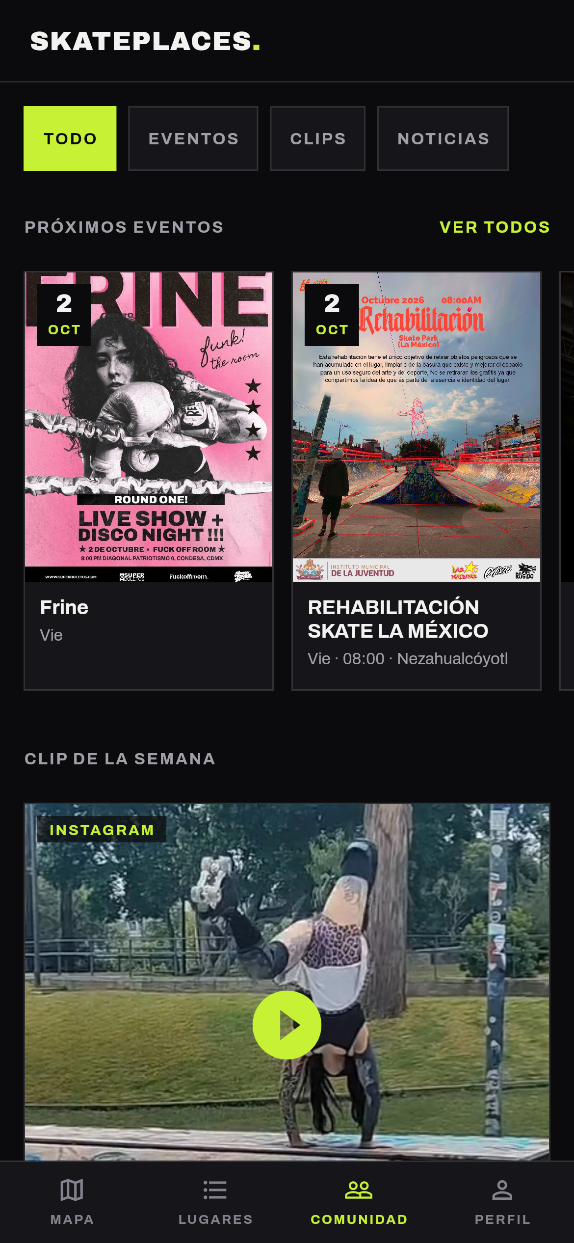 Pantalla Comunidad: filtros TODO, EVENTOS, CLIPS y NOTICIAS, próximos eventos con su flyer y fecha, y el clip de la semana