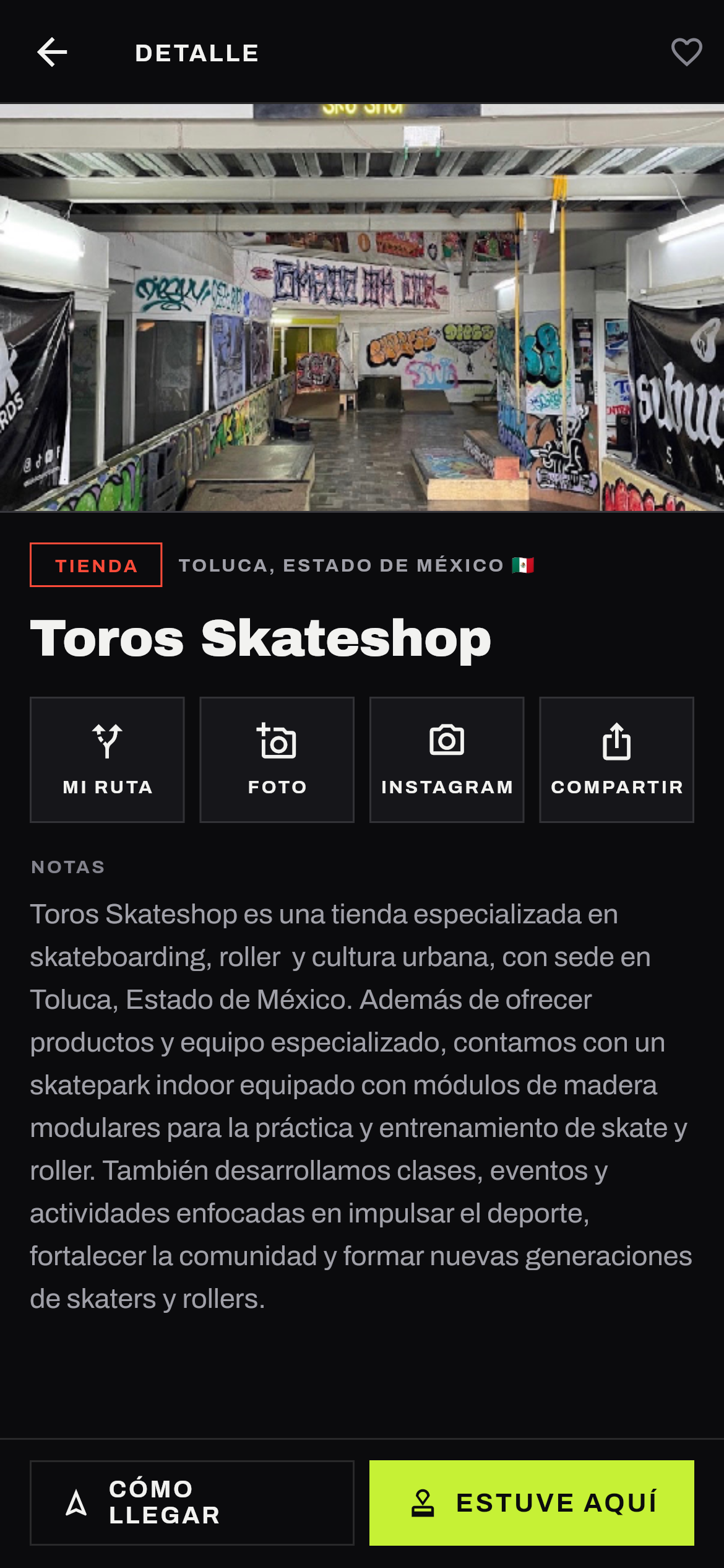 Ficha de Toros Skateshop, tienda de Toluca, Estado de México: foto del local, etiqueta TIENDA, botones MI RUTA, FOTO, INSTAGRAM y COMPARTIR, notas, y botones CÓMO LLEGAR y ESTUVE AQUÍ