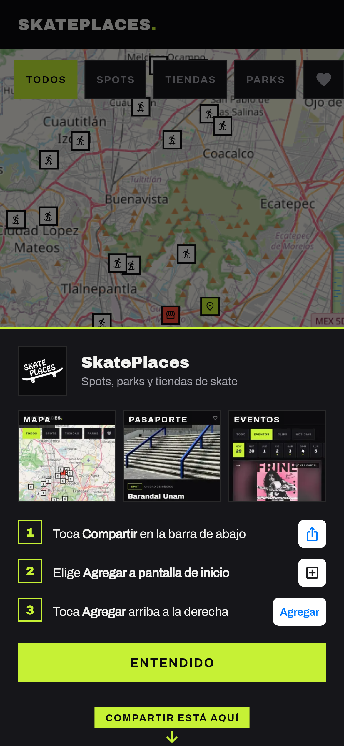 Panel para instalar la app en iPhone: vista previa de Mapa, Pasaporte y Eventos y tres pasos para agregarla a la pantalla de inicio desde Compartir