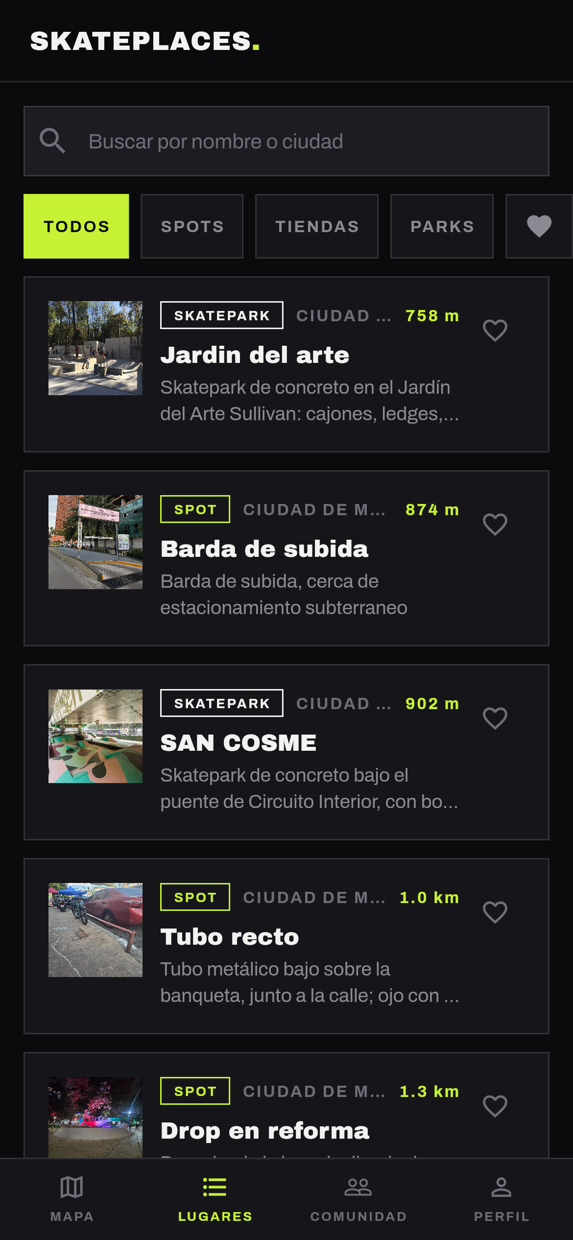 Pantalla Lugares: buscador, filtros y listado de skateparks y spots ordenados del más cercano al más lejano, con foto, tipo, ciudad y distancia