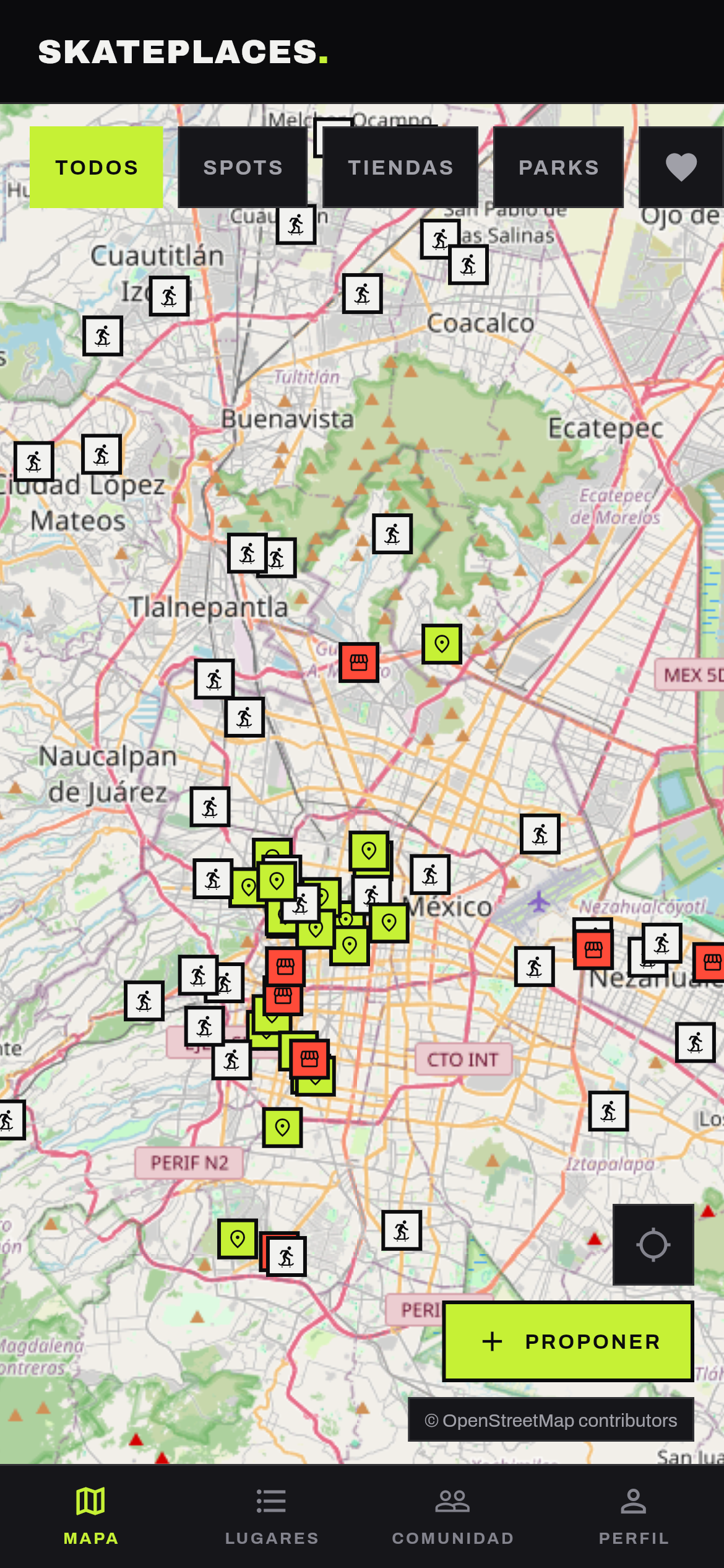 Pantalla Mapa: la Ciudad de México y sus alrededores con los lugares marcados por tipo (spots, skateparks y tiendas en rojo), filtros TODOS, SPOTS, TIENDAS, PARKS y favoritos, y botón PROPONER